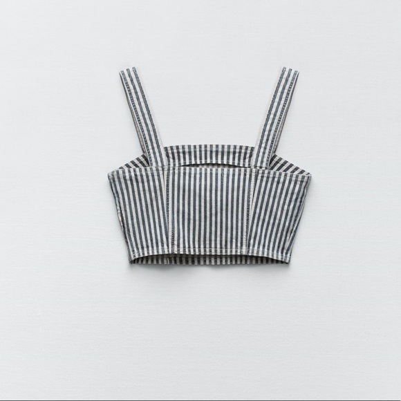 NWT Zara Striped Denim Crop Top in Blue White Size‎ Extra Small - Picture 5 of 7